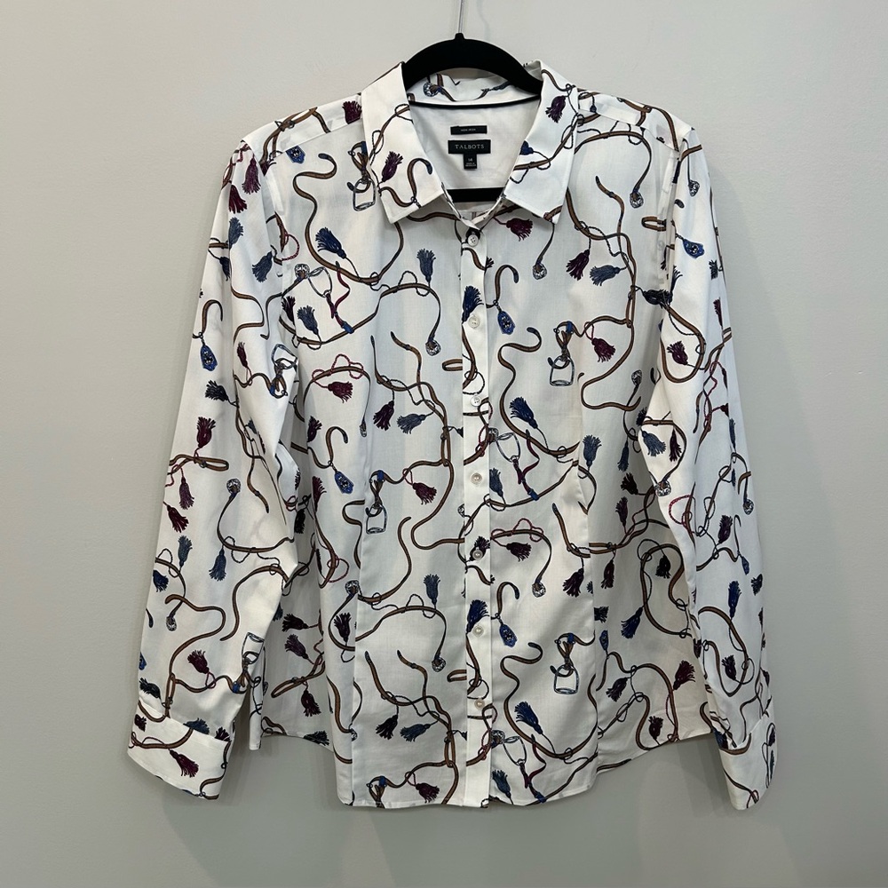 Talbots Perfect Shirt Equestrian Print Long Sleeve Button Down Non-Iron Size 14